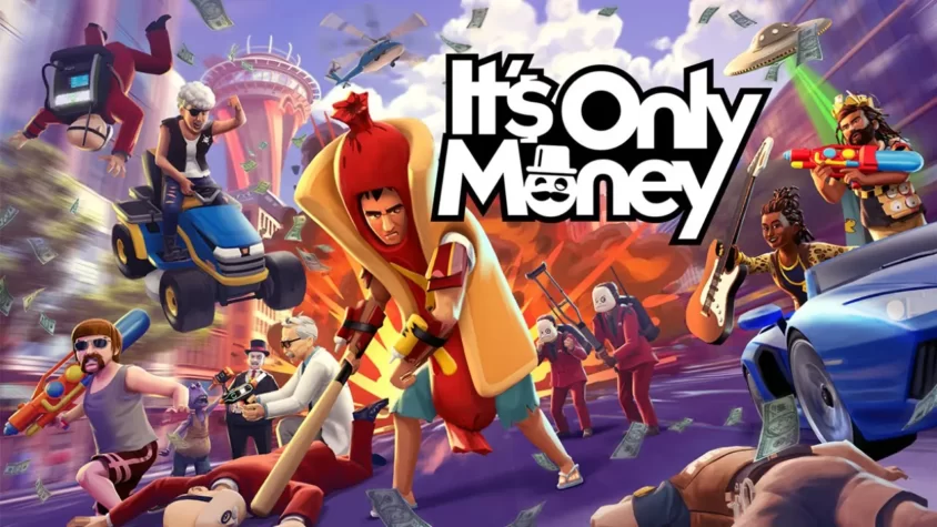 Обложка игры It's Only Money Обложка игры It's Only Money, изображающая хаос с деньгами, персонажами и экшеном