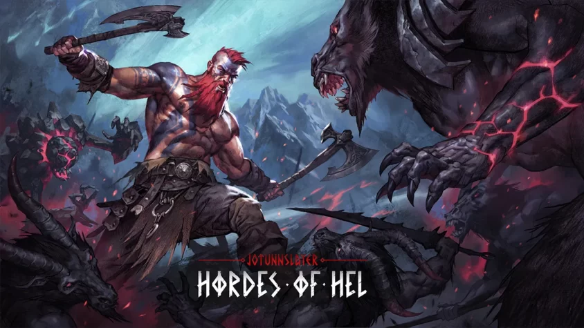 Jötunnslayer: Hordes of Hel - Обложка Обложка игры Jötunnslayer: Hordes of Hel, где изображён викинг, сражающийся с мифическими существами