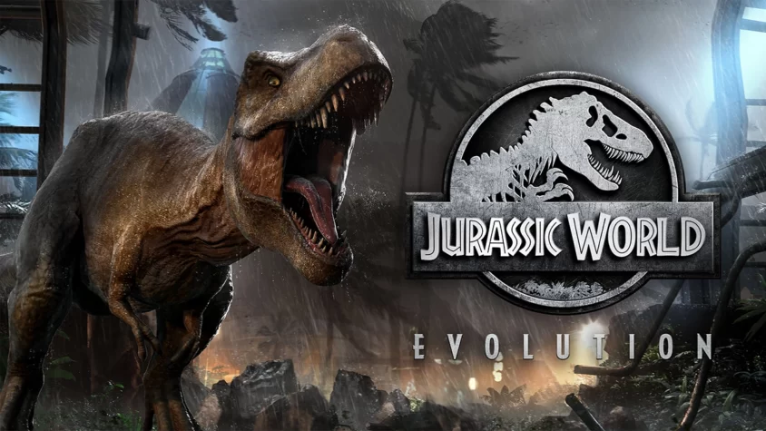 Обложка игры Jurassic World Evolution с динозавром Тираннозавр Рекс и логотипом