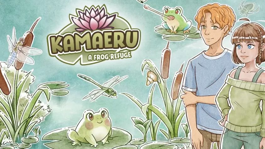 Обложка игры Kamaeru: A Frog Refuge с фонами прудов и лягушками