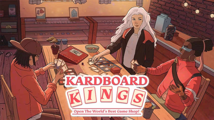 Kardboard Kings: Играем и смеемся над всем Обложка игры Kardboard Kings, где три персонажа сидят за столом, играя в карточные игры и наслаждаясь процессом
