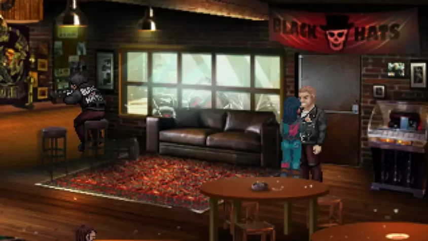 Картинка из игры Kathy Rain — бар с брутальными персонажами