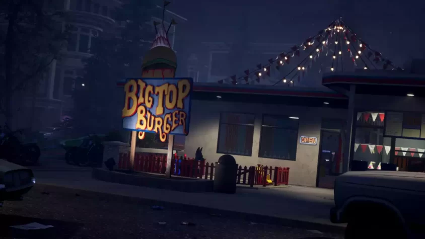 Здание 'BigTop Burger' с мигающими огнями и мусором вокруг