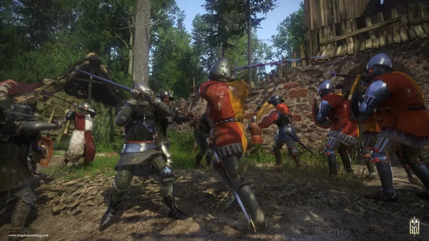 Сражение между рыцарями в лесу в Kingdom Come: Deliverance.