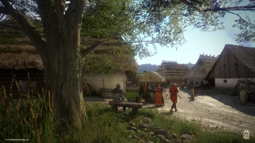 Жители средневековой деревни на прогулке в Kingdom Come: Deliverance.
