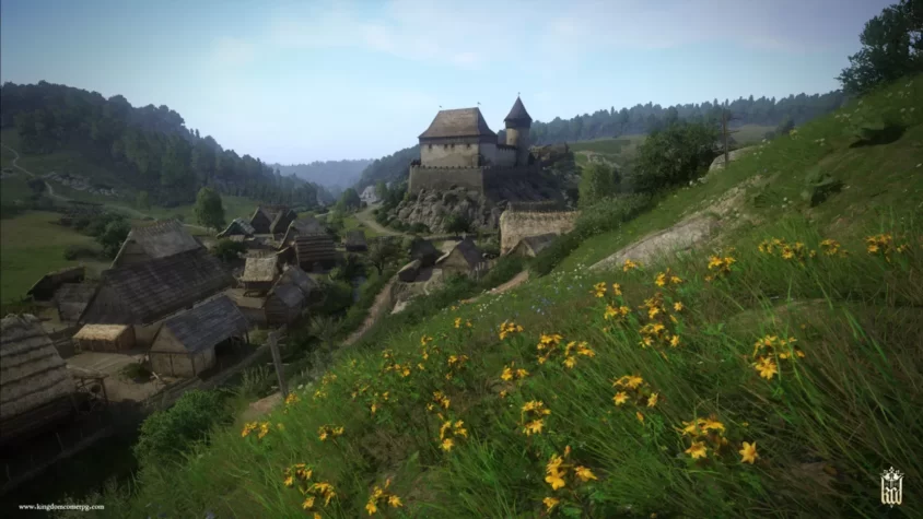 Деревня с улицей, на которой проходят жители Kingdom Come: Deliverance.