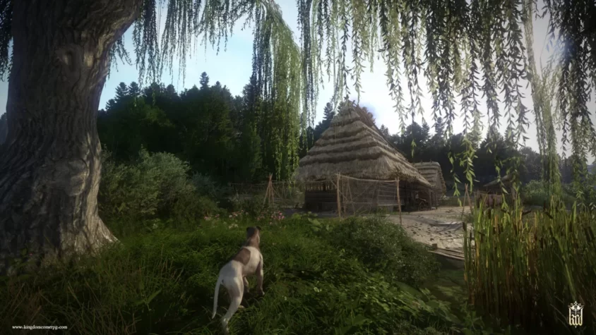 Собака на фоне средневековой деревни в Kingdom Come: Deliverance.