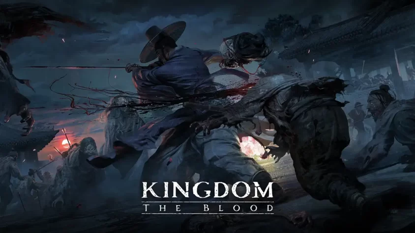 Обложка игры Kingdom: The Blood, где персонаж с мечом сражается с зомби на фоне разрушенного города