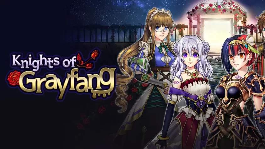 Обложка Knights of Grayfang с персонажами в аниме-стиле на фоне ночного неба и арки из роз