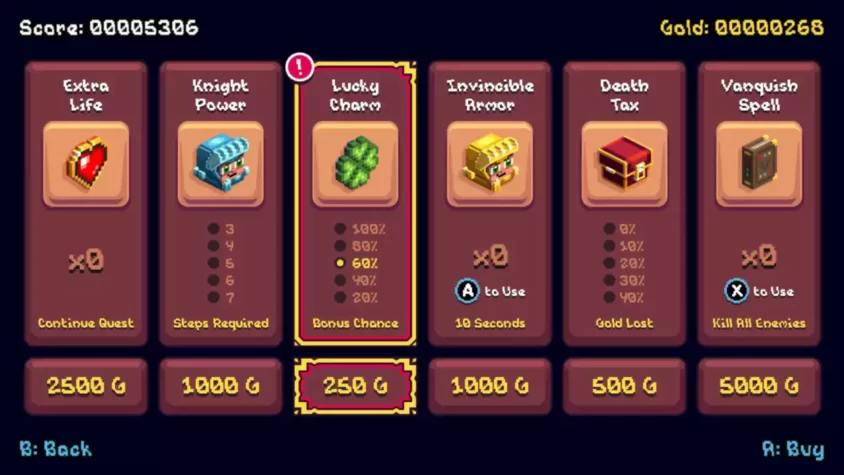 Меню улучшений и покупок в Knights of the Rogue Dungeon