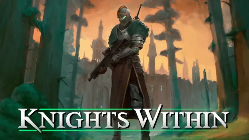 Knights Within - Обложка Главный герой с пушкой в окружении разрушенных лесов и замков
