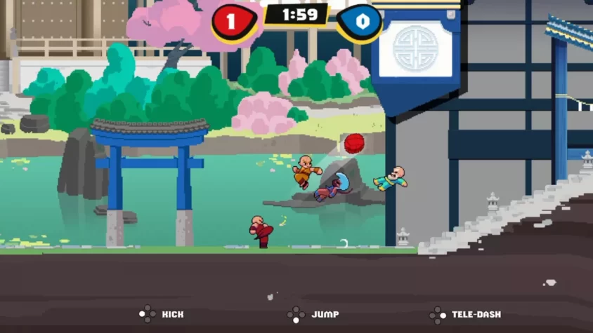 Игровой момент в KungFu Kickball, где персонажи используют кунг-фу и различные умения, чтобы забить гол
