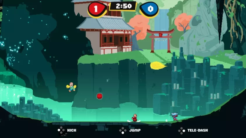 Игровой момент в KungFu Kickball на фоне старинного храма, где персонажи используют суперсилы и уникальные способности