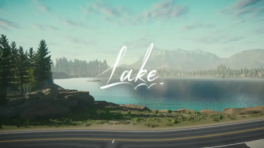 Озеро Озеро на фоне гор и леса с надписью 'Lake'