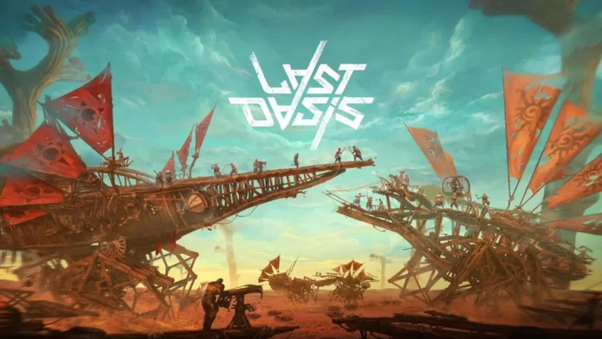 Last Oasis - обложка игры Обложка игры Last Oasis, с персонажами, балансирующими на гигантских механических сооружениях