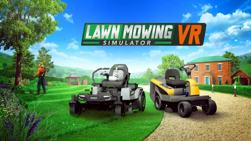 Обложка Lawn Mowing Simulator, на которой изображены газонокосилки и ландшафт