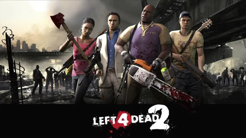 Обложка игры Left 4 Dead 2, на которой изображены персонажи, готовые сражаться с зомби