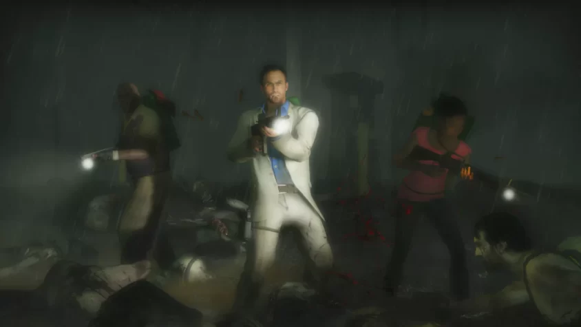 Персонажи игры Left 4 Dead 2 сражаются с зомби под дождем в разрушенном городе