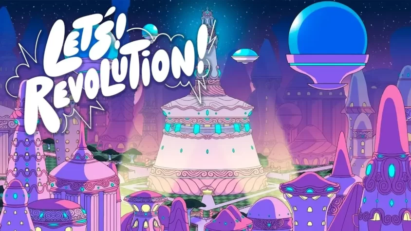 Футуристический город с надписью Let's! Revolution! посреди ночного неба