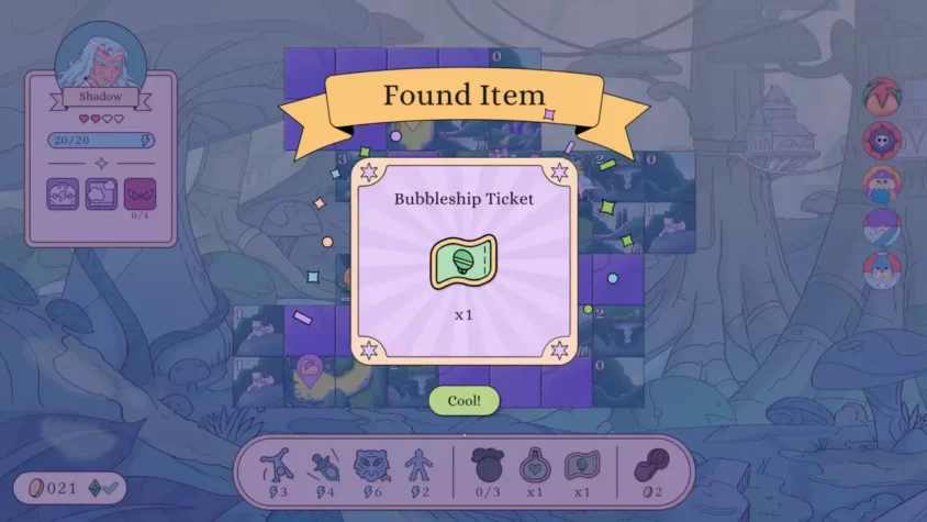 Экран с найденным предметом Bubble Ship Ticket и персонажем слева