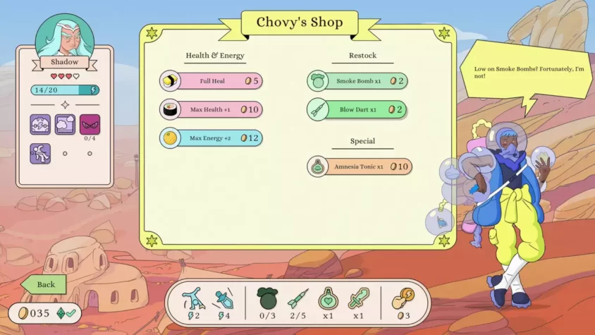 Магазин Chovy's Shop с товарами и ценами, персонаж справа предлагает покупки