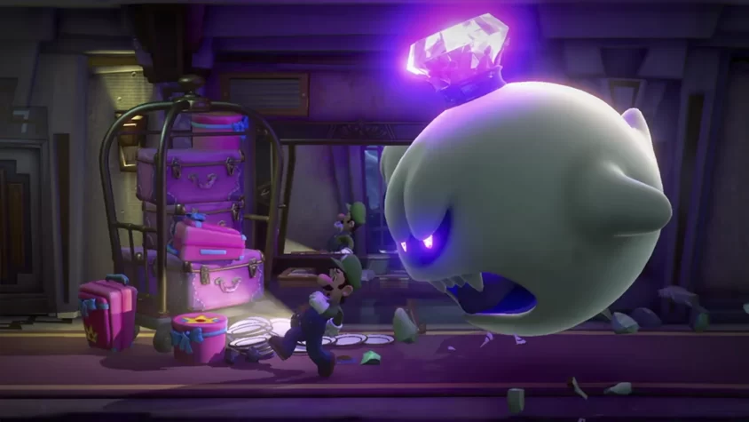 Луиджи с пылесосом против приведения в Luigi's Mansion 3