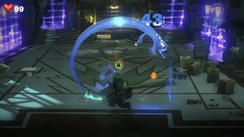 Луиджи с пылесосом и приведение с кристаллом в Luigi's Mansion 3