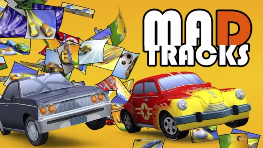 Обложка игры Mad Tracks Обложка игры Mad Tracks, с двумя яркими машинами на фоне взрывных картинок