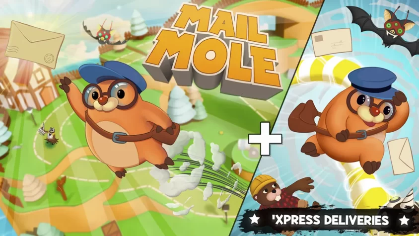 Обложка игры Mail Mole + 'Xpress Deliveries' с изображением персонажа в шляпе, летящего через красочный мир