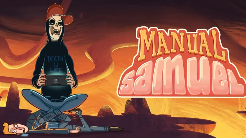 Manual Samuel - Обложка Обложка игры Manual Samuel с скелетом и забавной надписью