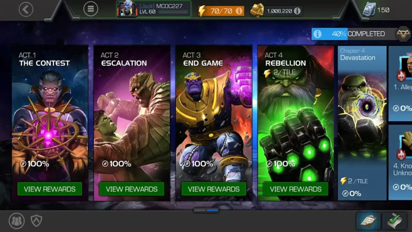 Скриншот с выборами актов и наградами в Marvel Contest of Champions