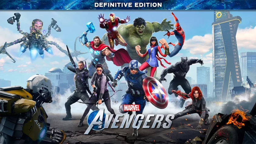 обложка игры Marvel's Avengers с героями и злодеями на фоне разрушенного города