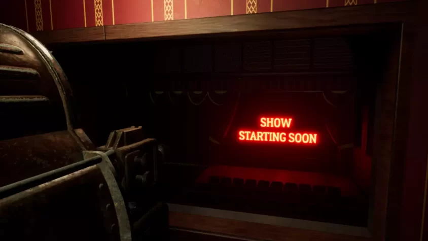 Табло на старинном театральном экране с надписью 'SHOW STARTING SOON'