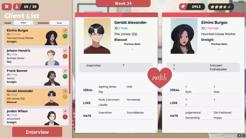 Список клиентов с их личными предпочтениями в игре Matchmaker Agency