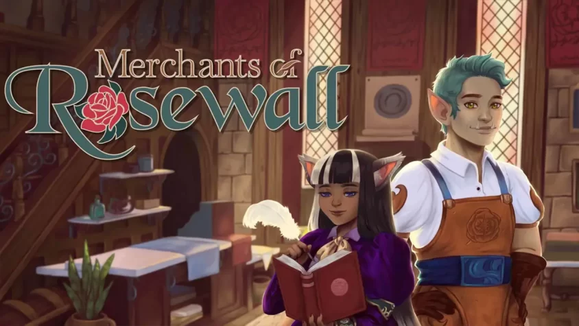 Обложка игры Merchants of Rosewall, где два персонажа — девушка и парень с необычными ушами и стилем одежды