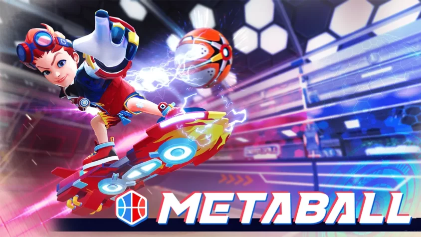 Metaball: Обложка игры Обложка игры Metaball: подросток на летающем скейтборде с мячом