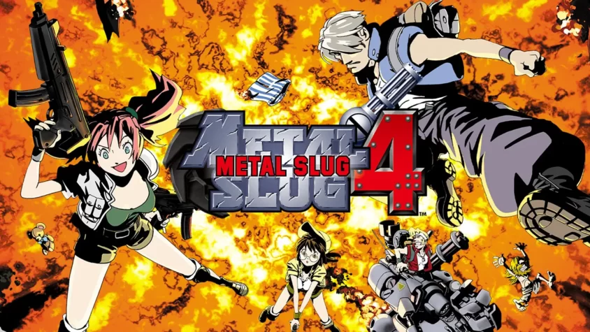 Обложка Metal Slug 4, в центре название игры, вокруг взрывы и персонажи, которые будто бы прыгают прямо в эпицентр апокалипсиса
