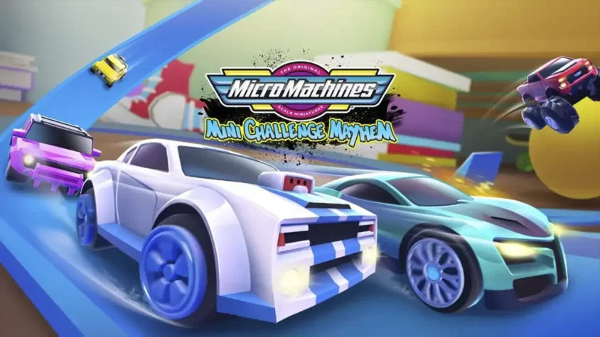 Обложка игры Micro Machines: Mini Challenge Mayhem с нарисованными миниатюрными гоночными машинками