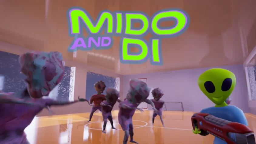 Mido and Di - Обложка игры Обложка игры Mido and Di, где инопланетянин с лазерным оружием и группа странных существ в спортивном зале.
