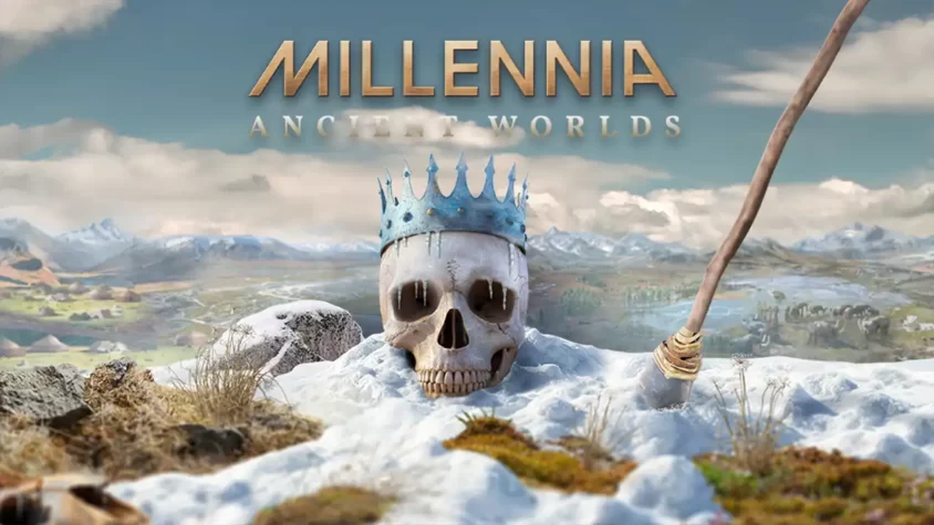 Millennia: Ancient Worlds Обложка игры Millennia с черепом и короной, окруженная снежным ландшафтом