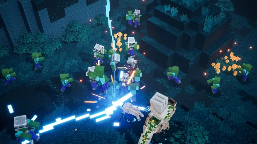 Герои сражаются с монстрами в темнице Minecraft: Dungeons