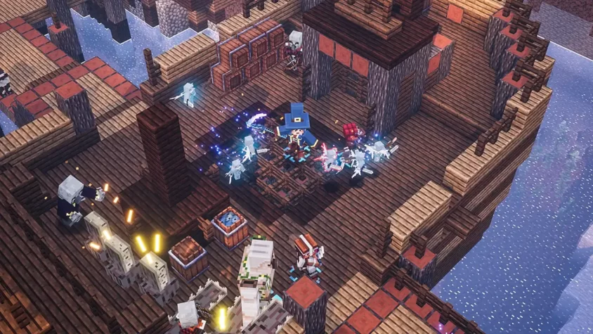 Игровая сцена с сражением в Minecraft: Dungeons