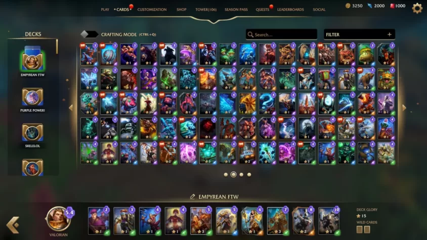 Меню с картами и колодами в Minion Masters