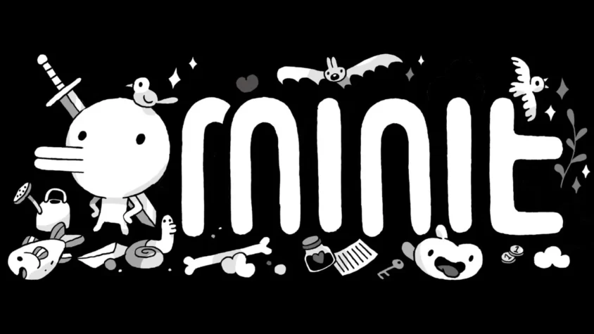Обложка игры Minit Логотип игры Minit с забавными деталями вокруг