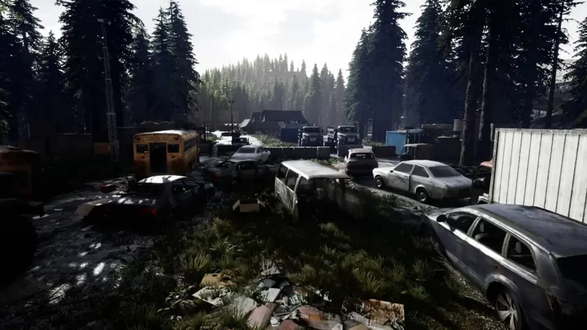 Скриншот с заброшенными машинами из Mist Survival