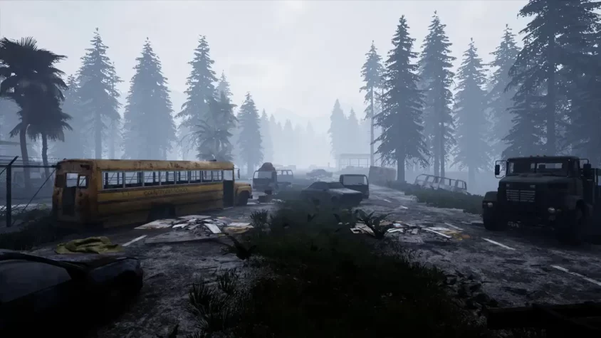 Скриншот с заброшенными машинами в тумане из Mist Survival