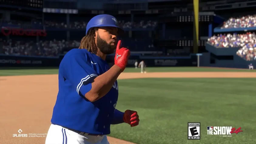 Влади Греро-младший в игре MLB The Show 24 делает жест тишины после успешного удара