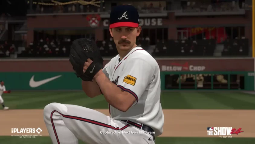 Питчер из Атланты в MLB The Show 24 в момент подготовки к броску