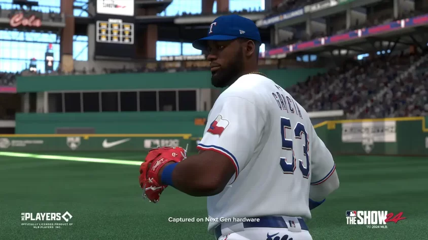 Питчер Техаса в MLB The Show 24 готовится к броску с выражением уверенности на лице
