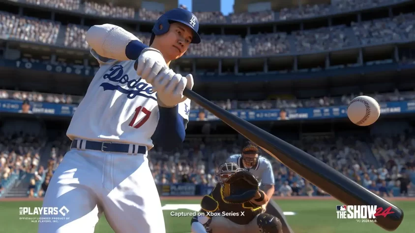 Игрок Лос-Анджелес Доджерс в MLB The Show 24 готовится сделать удар по мячу